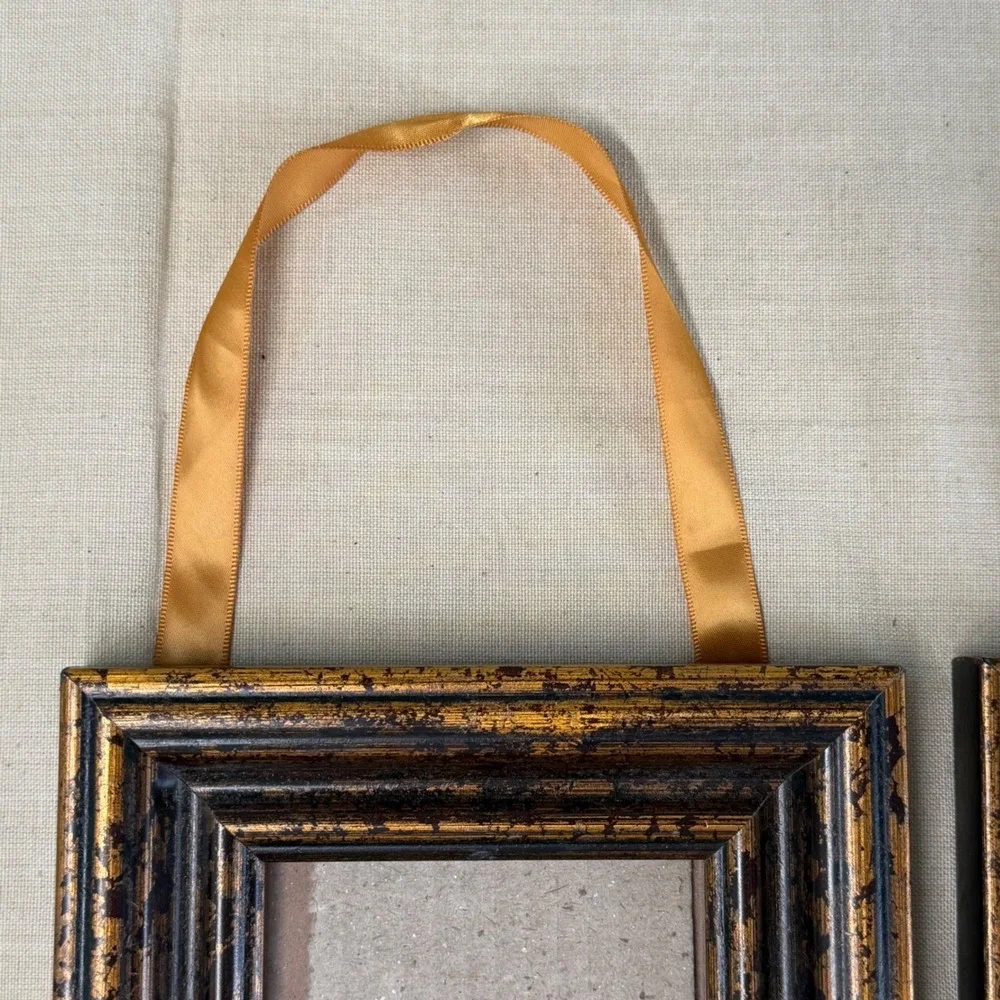 Set of 2 Distressed Gold Bronze Square Picture Frames with Ribbon Hangers 7x7